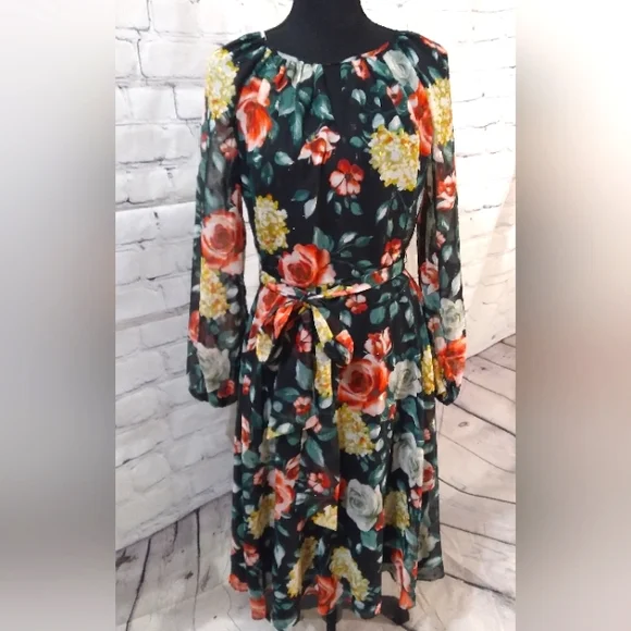 Tahari ASL Floral Velvet Silhouette Chiffon OverlayDress Red Yellow Bloom Black - Picture 11 of 14